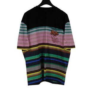 Prada Mens Striped Pocket Logo T Shirt Medium Black Pink Green Yellow Cotton